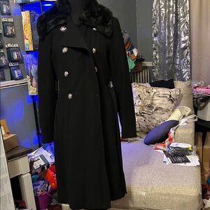 New York & Company Black Trench Coat with Faux Fur Collar